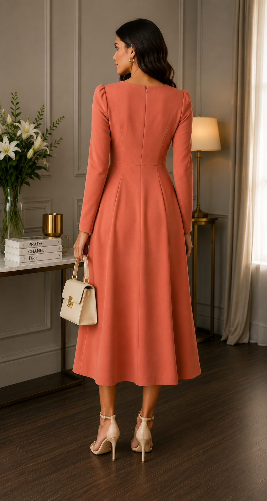 Coral Wrap Midi Dress