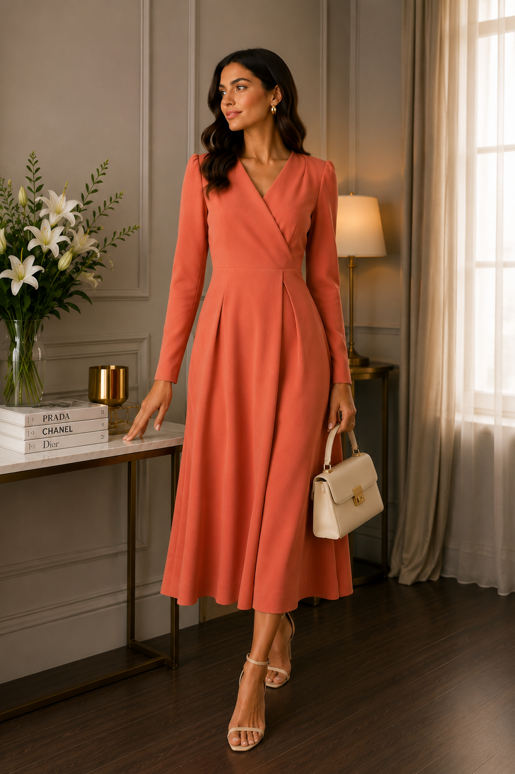 Coral Wrap Midi Dress