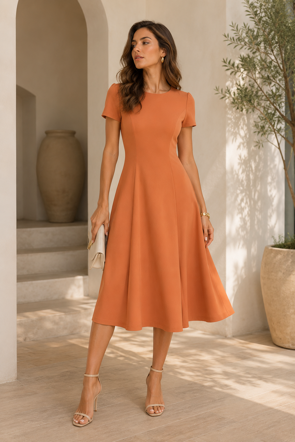 Terracotta Fit & Flare Midi Dress