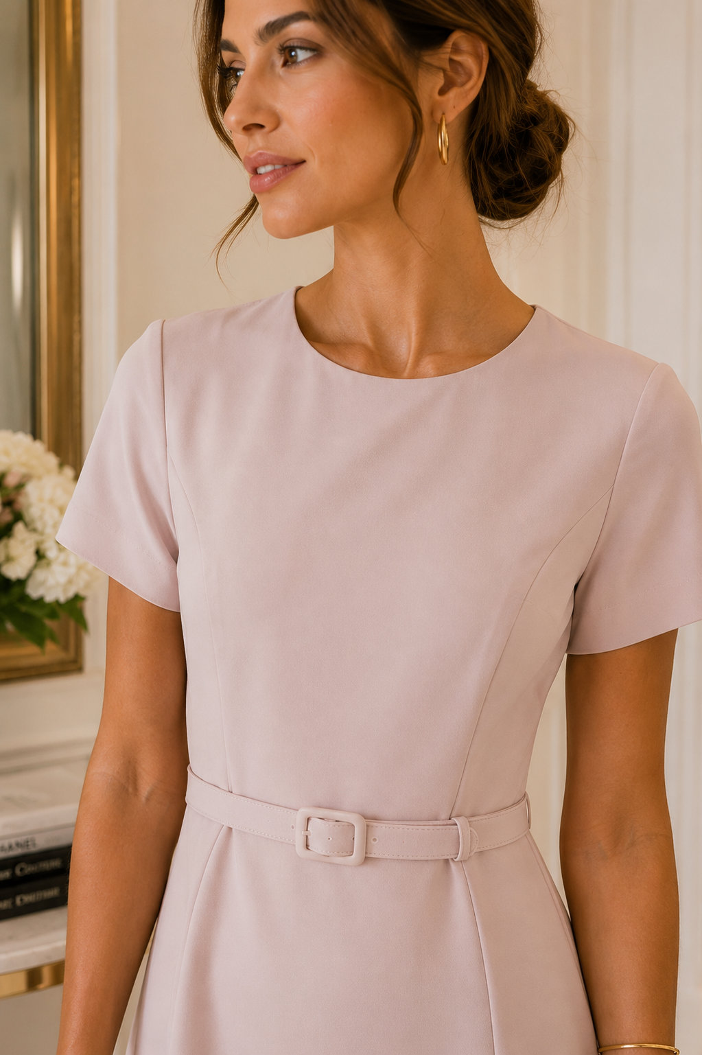 Blush Pink Belted Midi Dress – Elegant Short Sleeve Fit & Flare Dress
