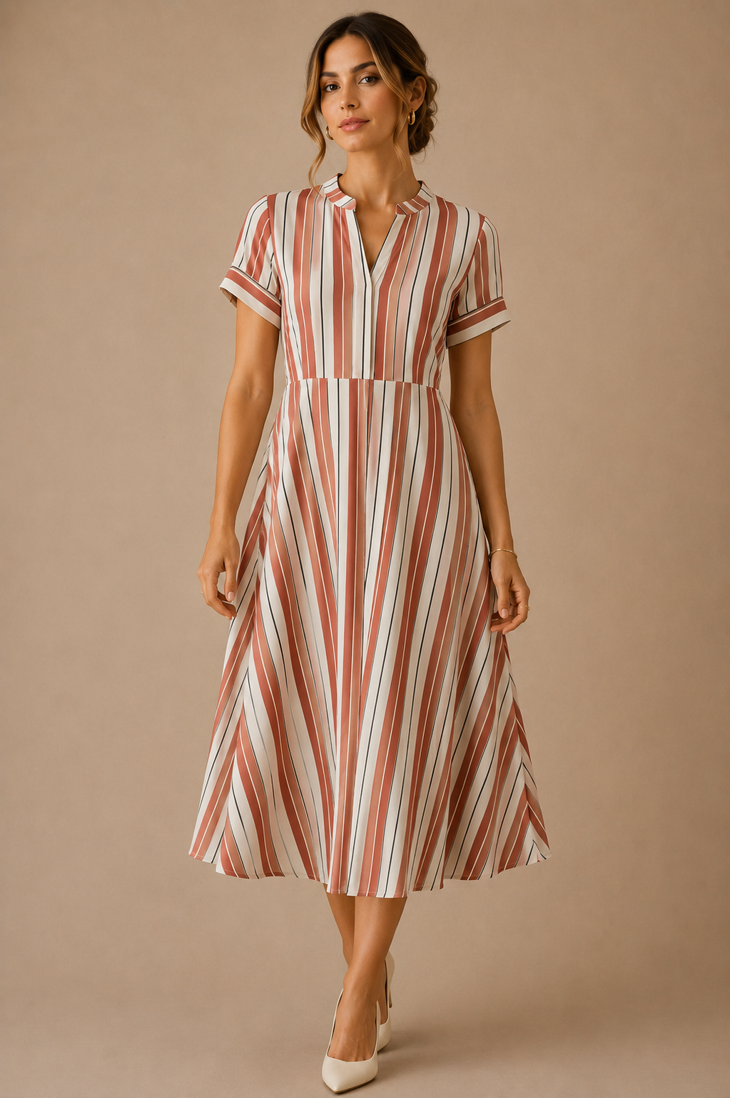 Blush Pink Striped Midi Dress – Elegant Short Sleeve Fit & Flare Dress