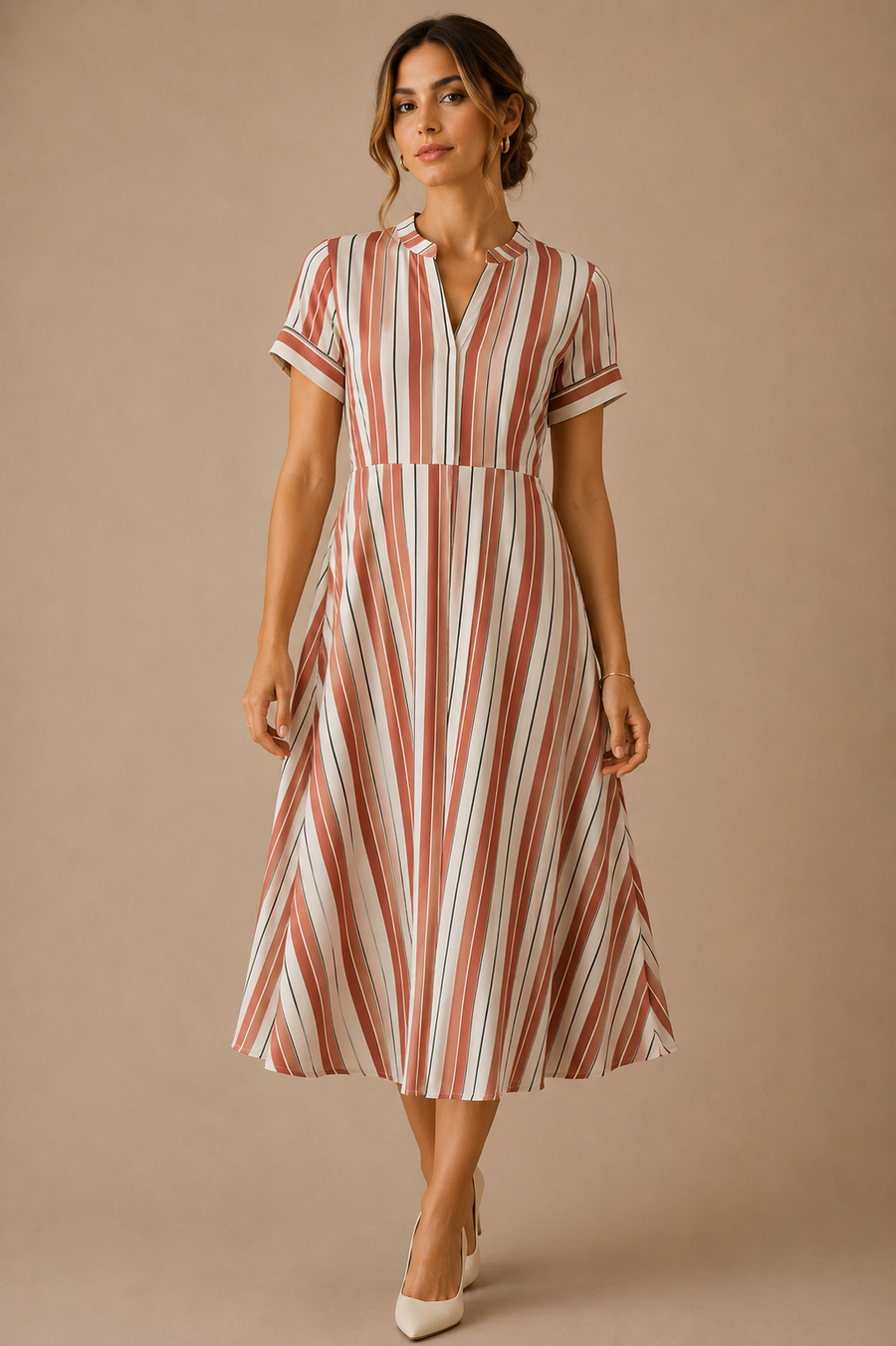 Blush Pink Striped Midi Dress – Elegant Short Sleeve Fit & Flare Dress