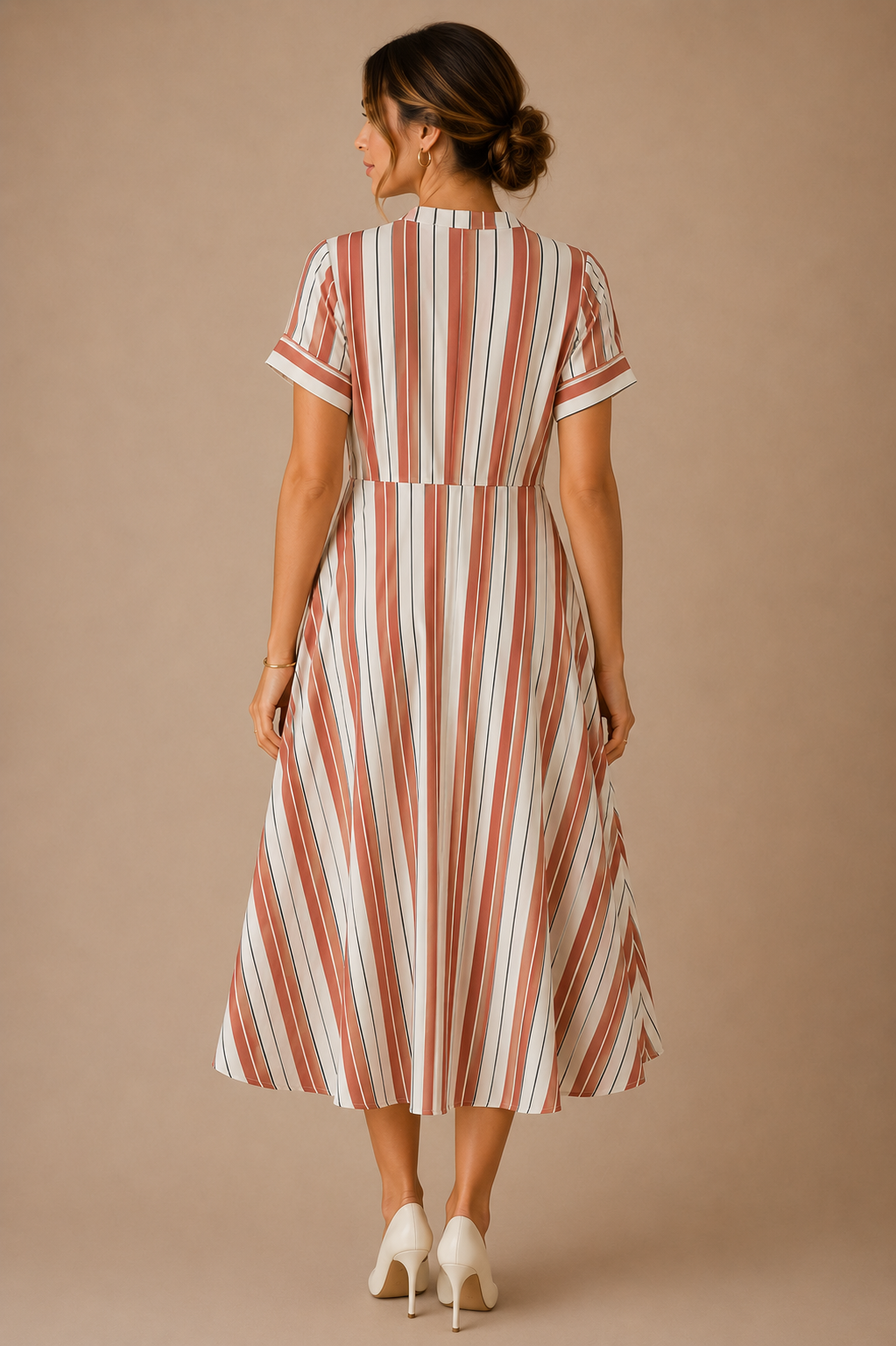 Blush Pink Striped Midi Dress – Elegant Short Sleeve Fit & Flare Dress
