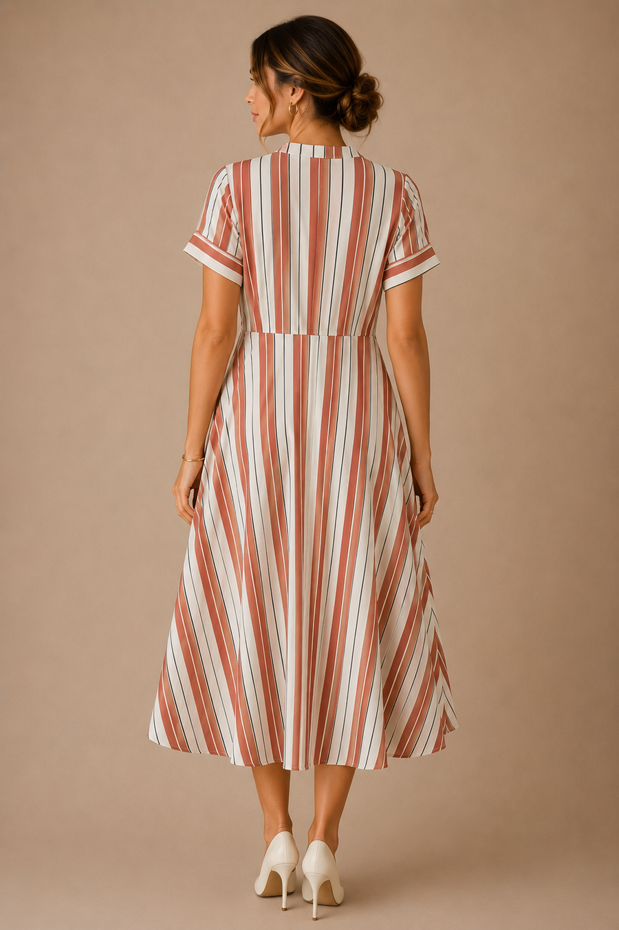 Blush Pink Striped Midi Dress – Elegant Short Sleeve Fit & Flare Dress
