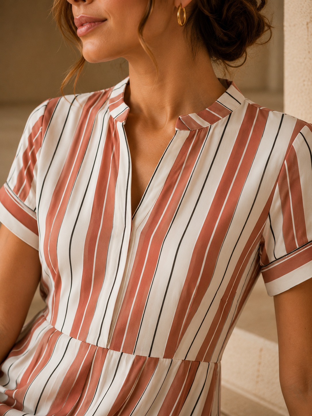 Blush Pink Striped Midi Dress – Elegant Short Sleeve Fit & Flare Dress