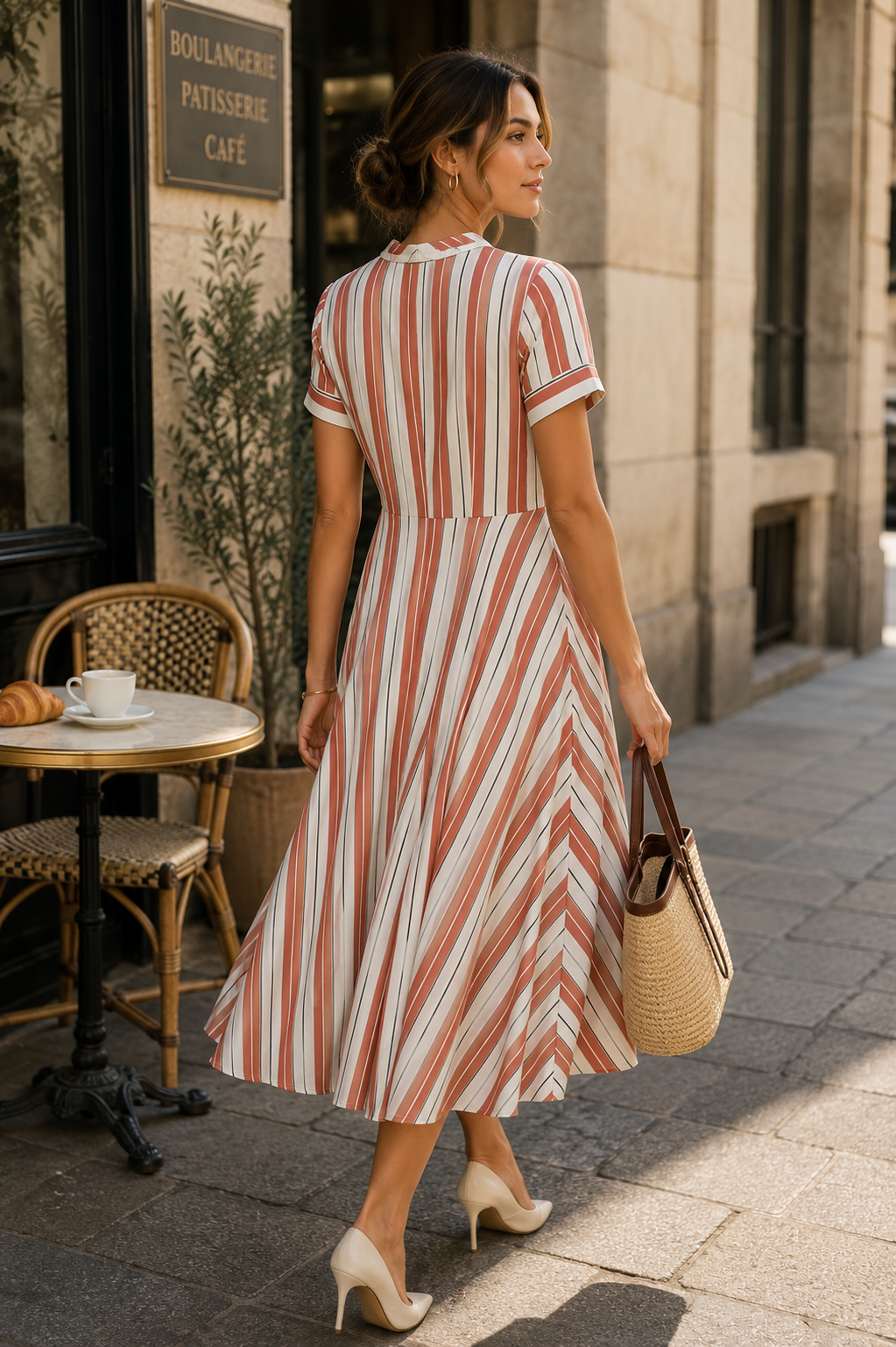 Blush Pink Striped Midi Dress – Elegant Short Sleeve Fit & Flare Dress