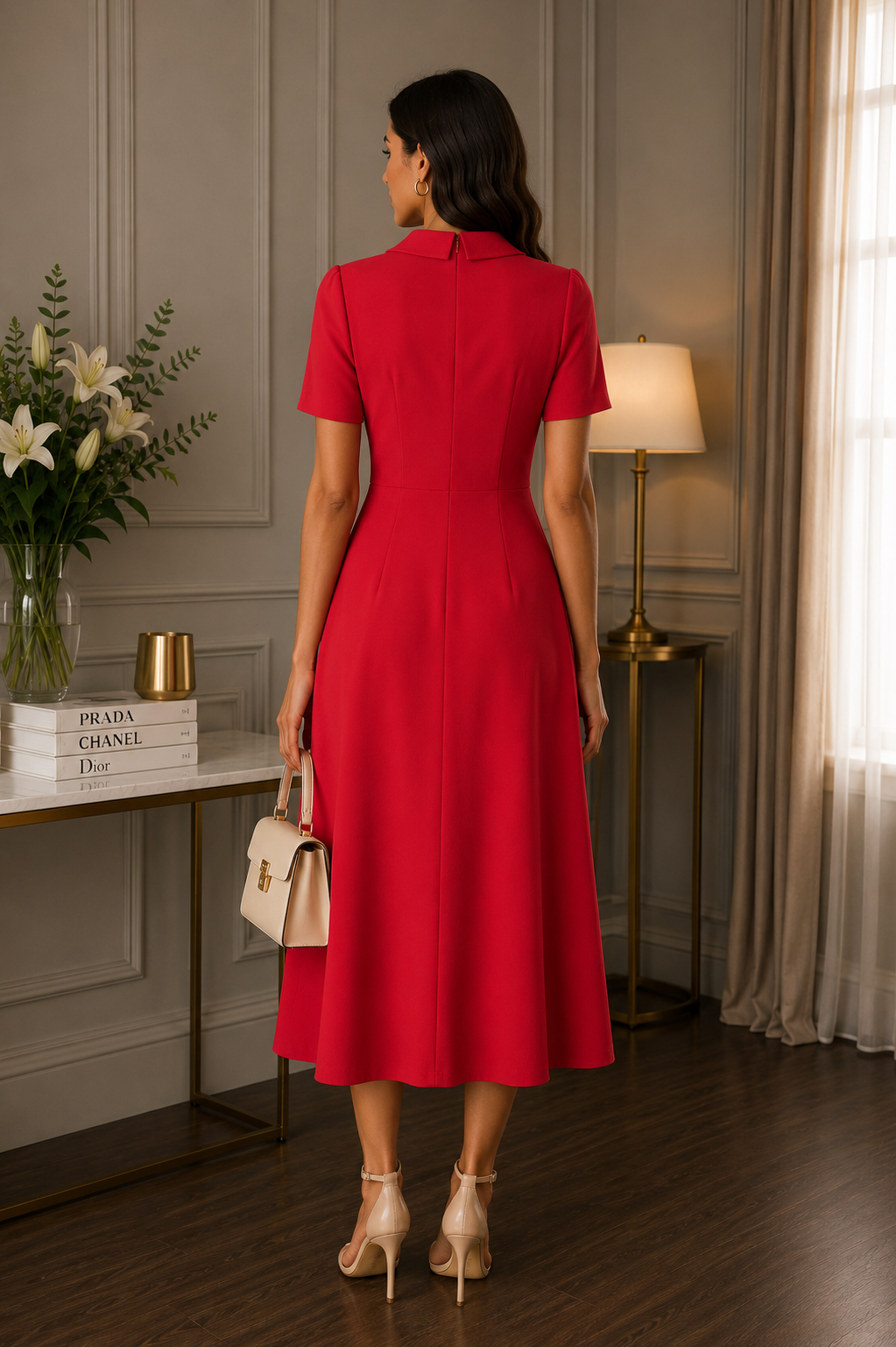 Red Double-Breasted Midi Dress