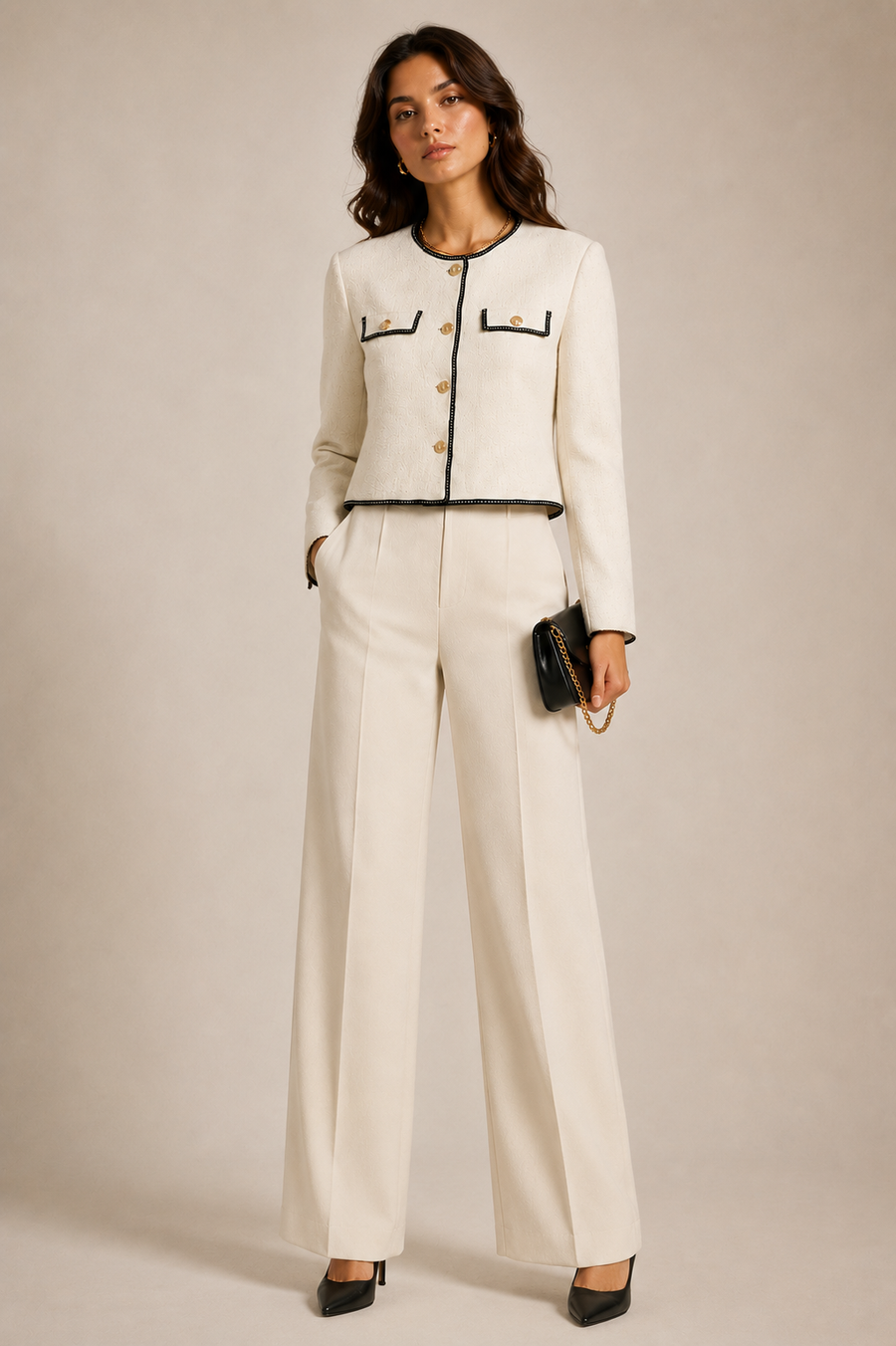 White Textured Contrast-Trim Jacket