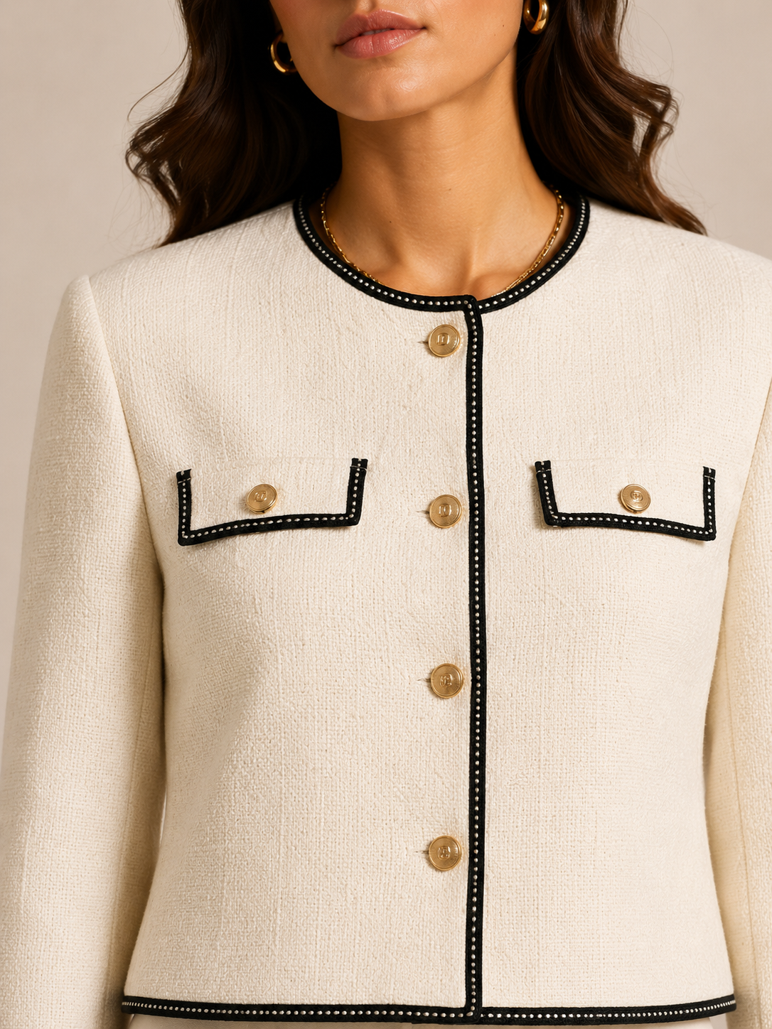 White Textured Contrast-Trim Jacket