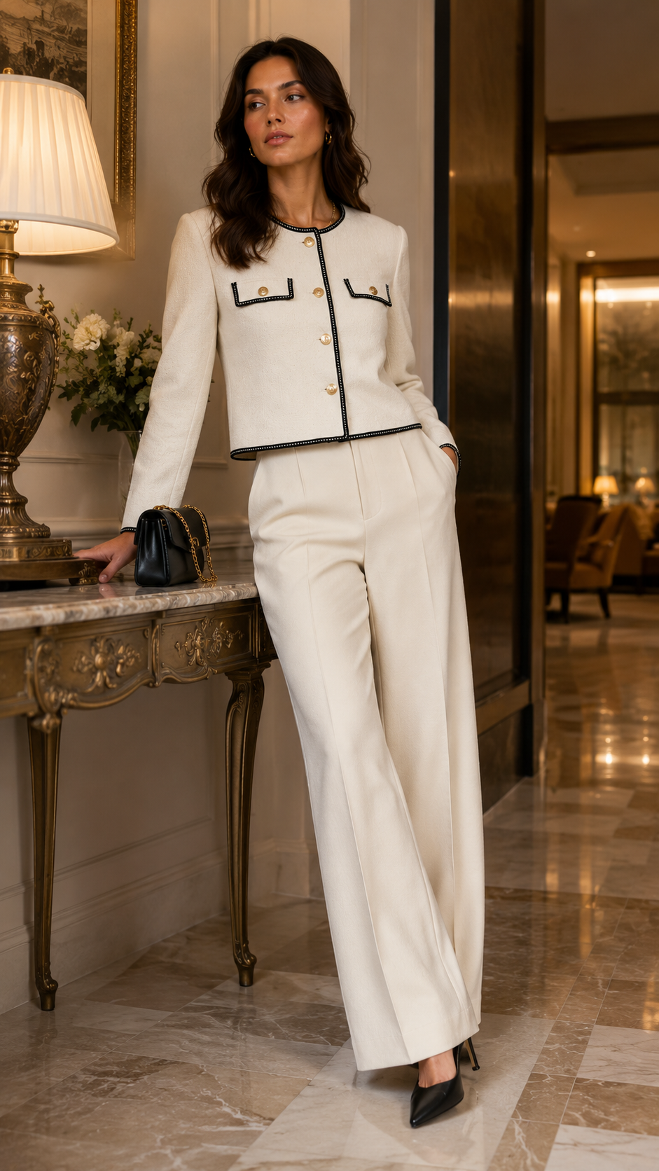 White Textured Contrast-Trim Jacket