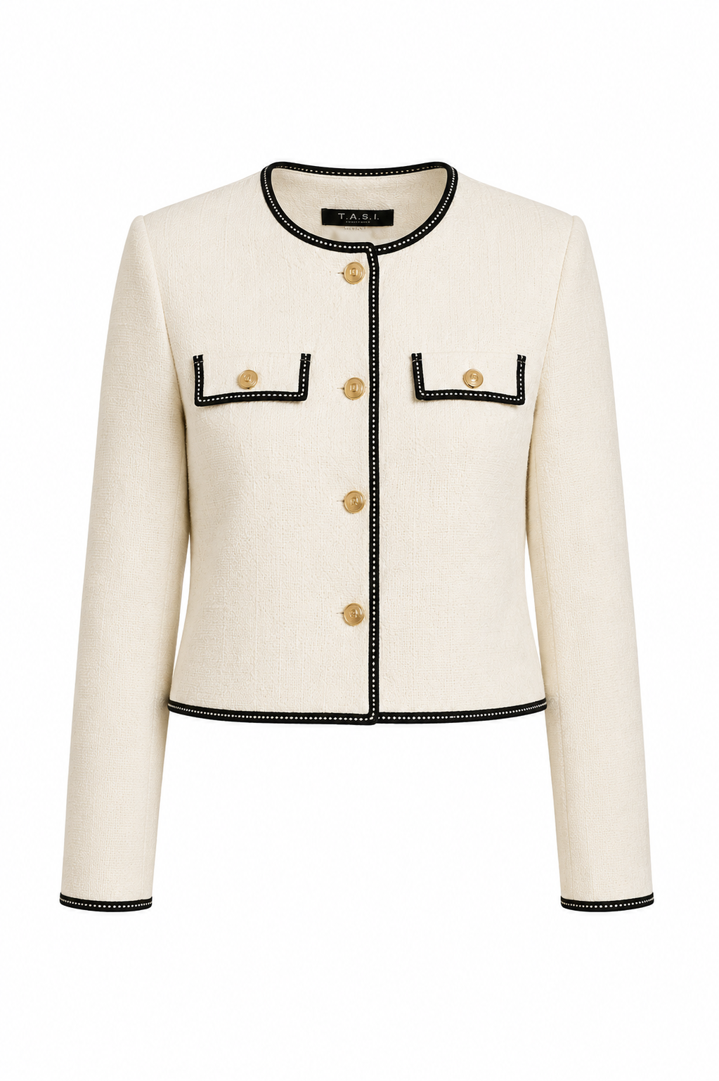 White Textured Contrast-Trim Jacket