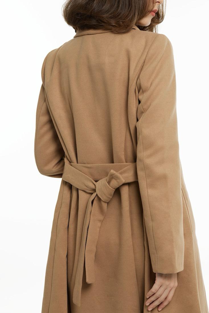Camel Double-Breasted Maxi Coat with Scarf Detail