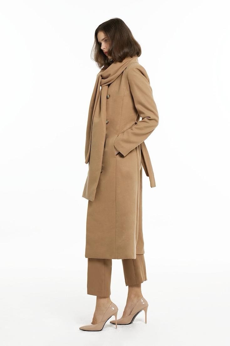 Camel Double-Breasted Maxi Coat with Scarf Detail