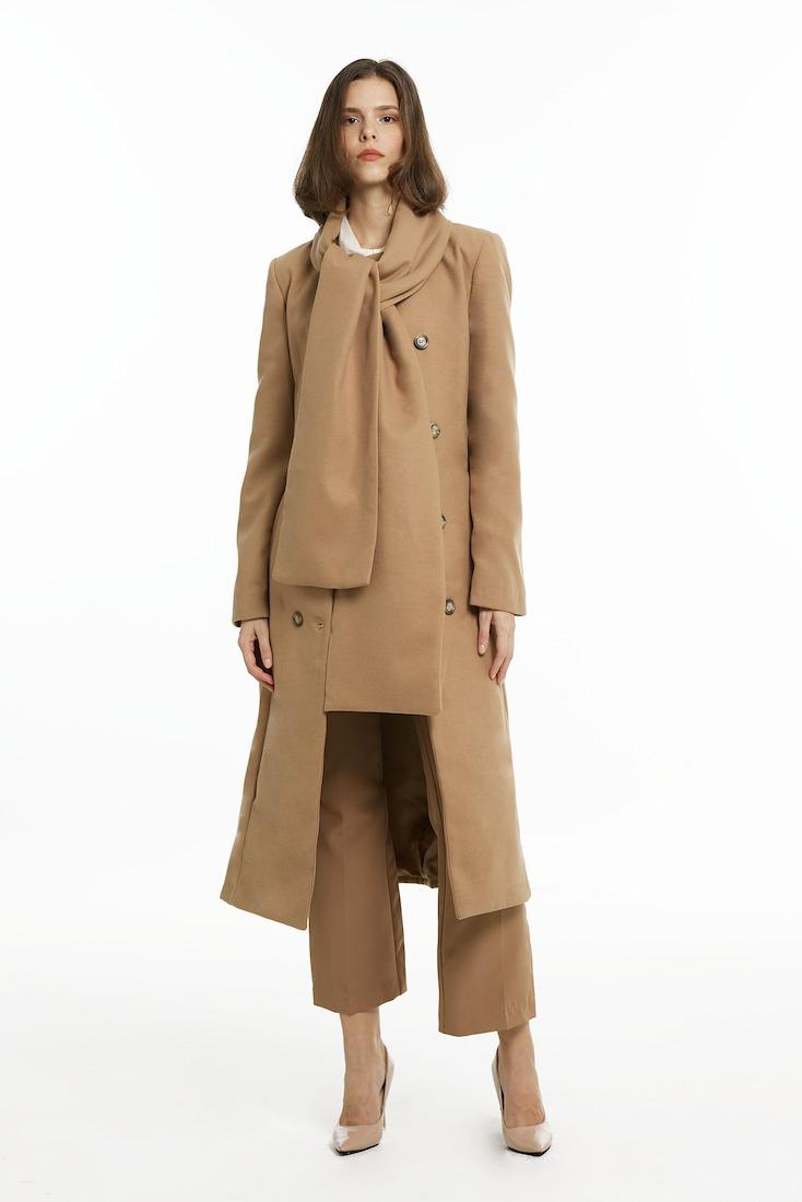 Camel Double-Breasted Maxi Coat with Scarf Detail
