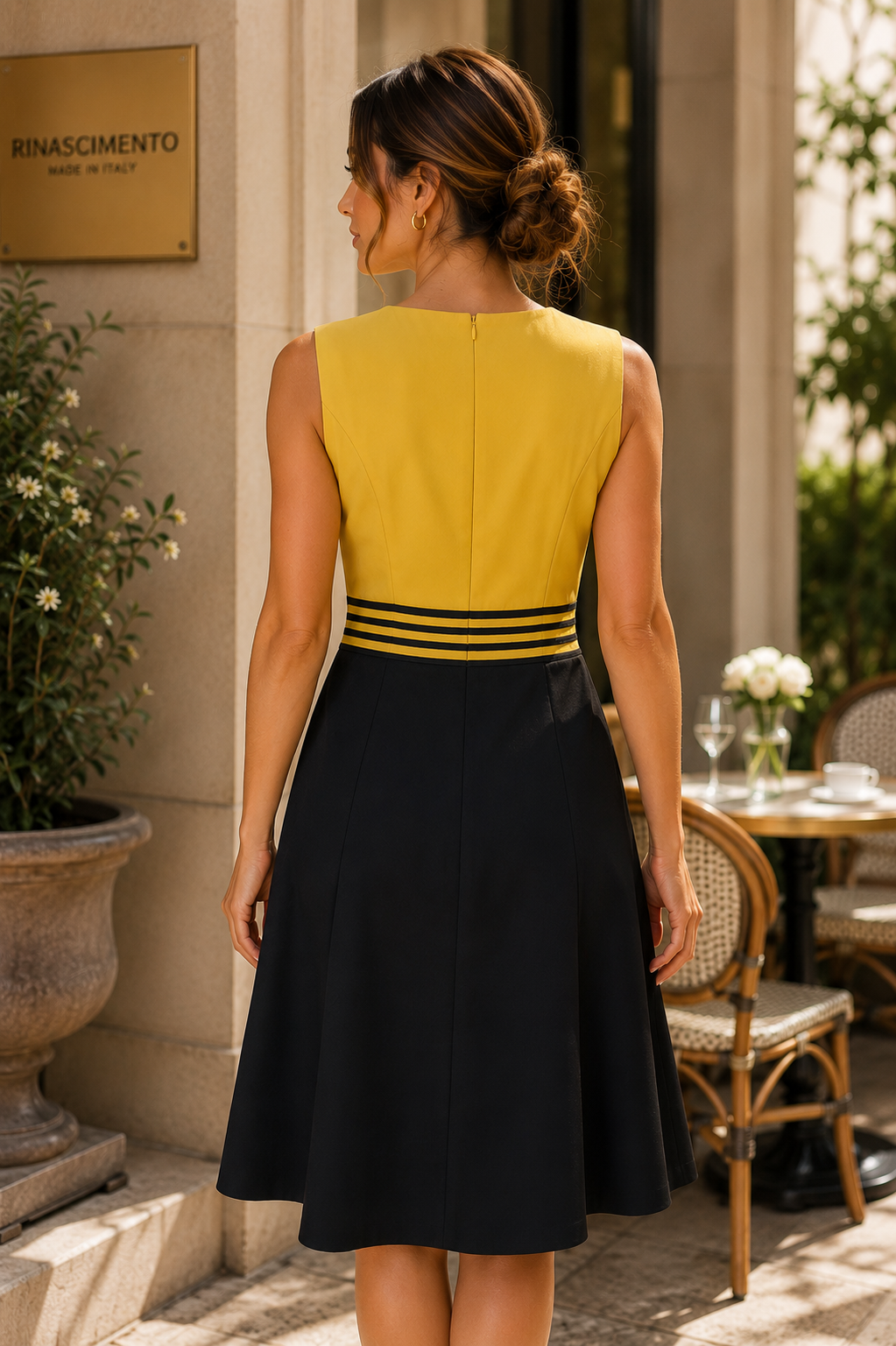 Mustard Yellow & Black Fit and Flare Dress – Elegant Sleeveless Occasion Dress