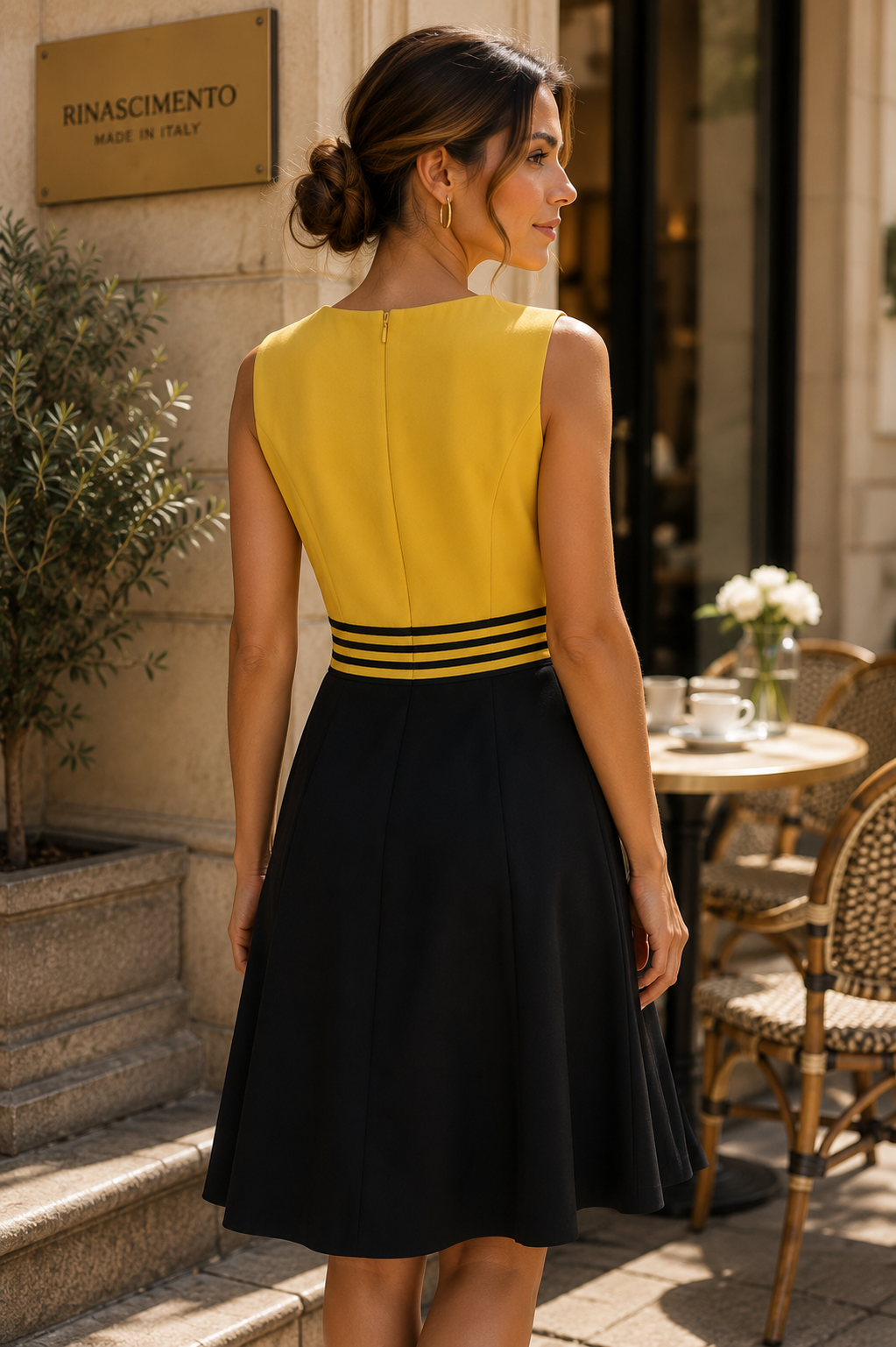 Mustard Yellow & Black Fit and Flare Dress – Elegant Sleeveless Occasion Dress