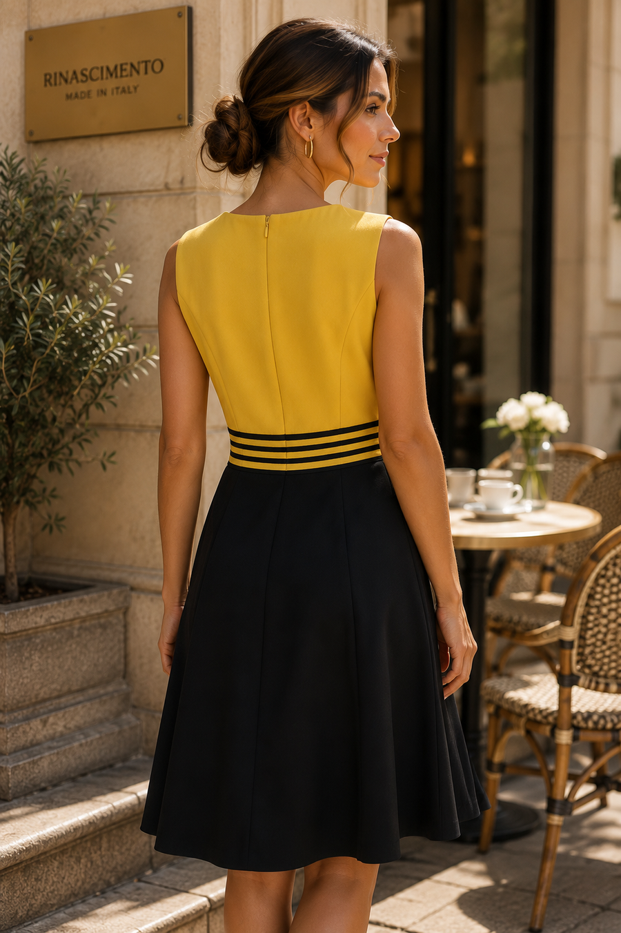 Mustard Yellow & Black Fit and Flare Dress – Elegant Sleeveless Occasion Dress