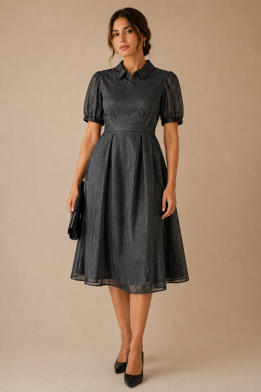 Elegant Black Textured Midi Dress – Puff Sleeve Collared Occasion Dress