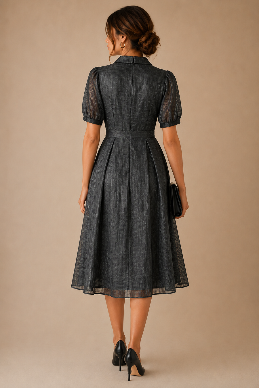 Elegant Black Textured Midi Dress – Puff Sleeve Collared Occasion Dress