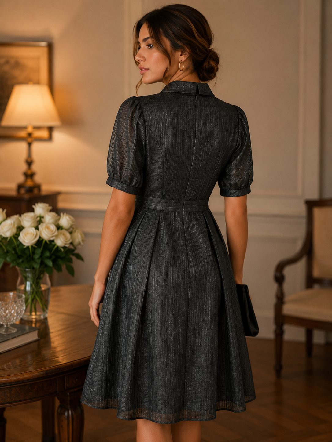 Elegant Black Textured Midi Dress – Puff Sleeve Collared Occasion Dress