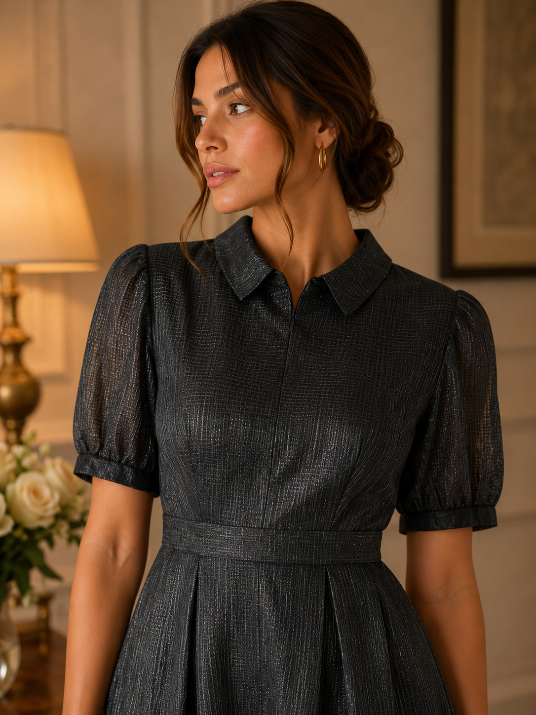 Elegant Black Textured Midi Dress – Puff Sleeve Collared Occasion Dress