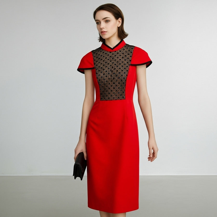Elegant Qipao with Red and Black Lace Paneling