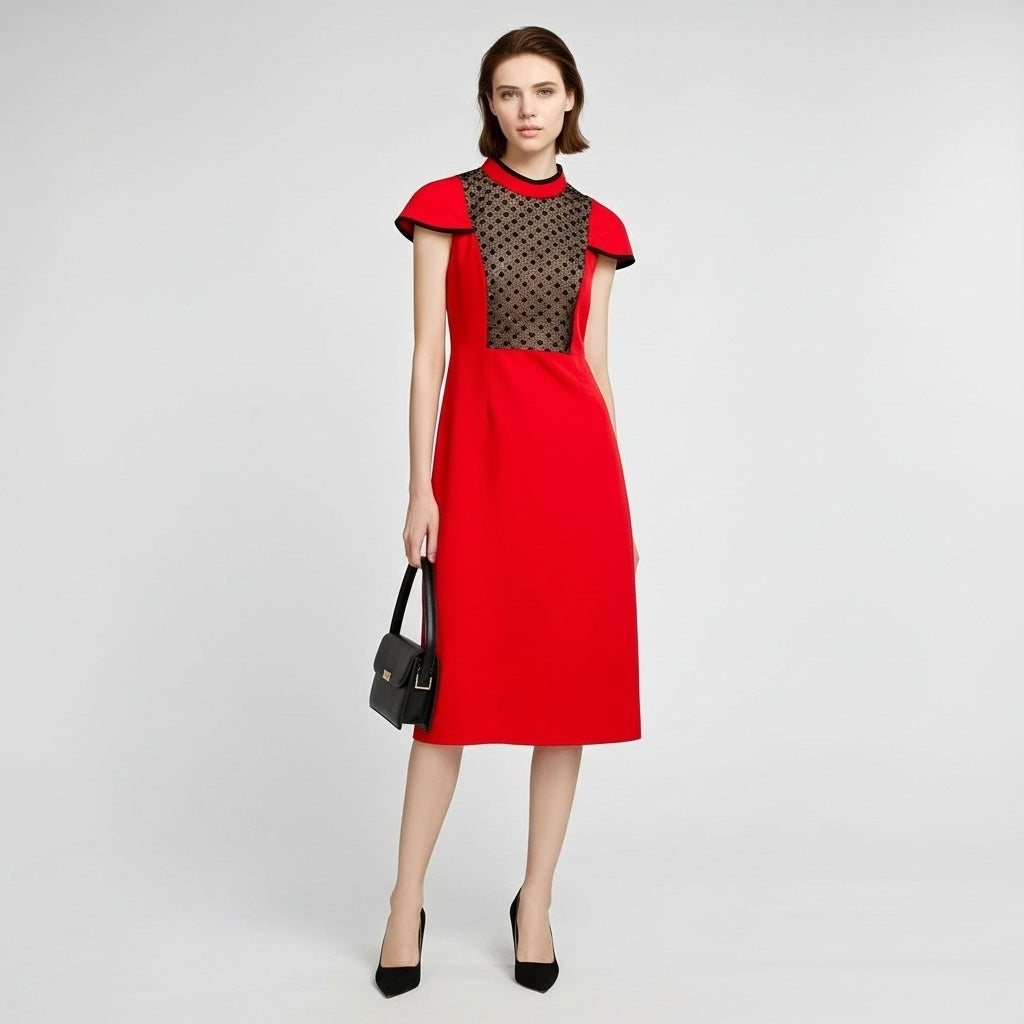 Elegant Qipao with Red and Black Lace Paneling