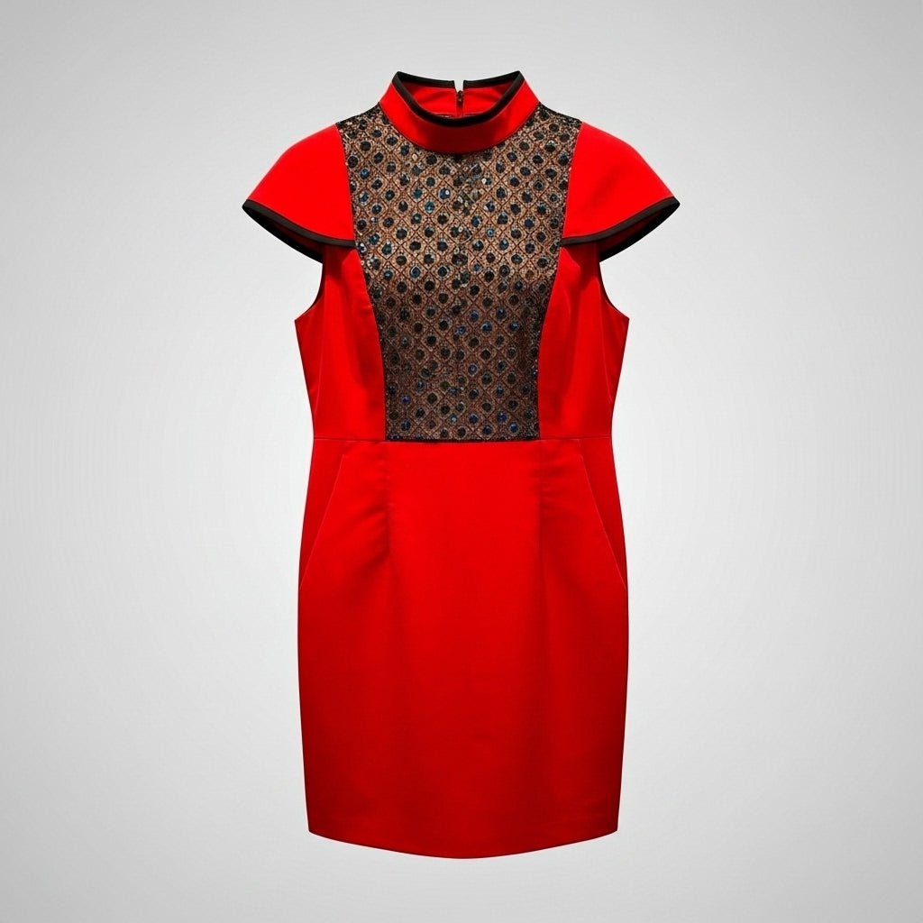Elegant Qipao with Red and Black Lace Paneling