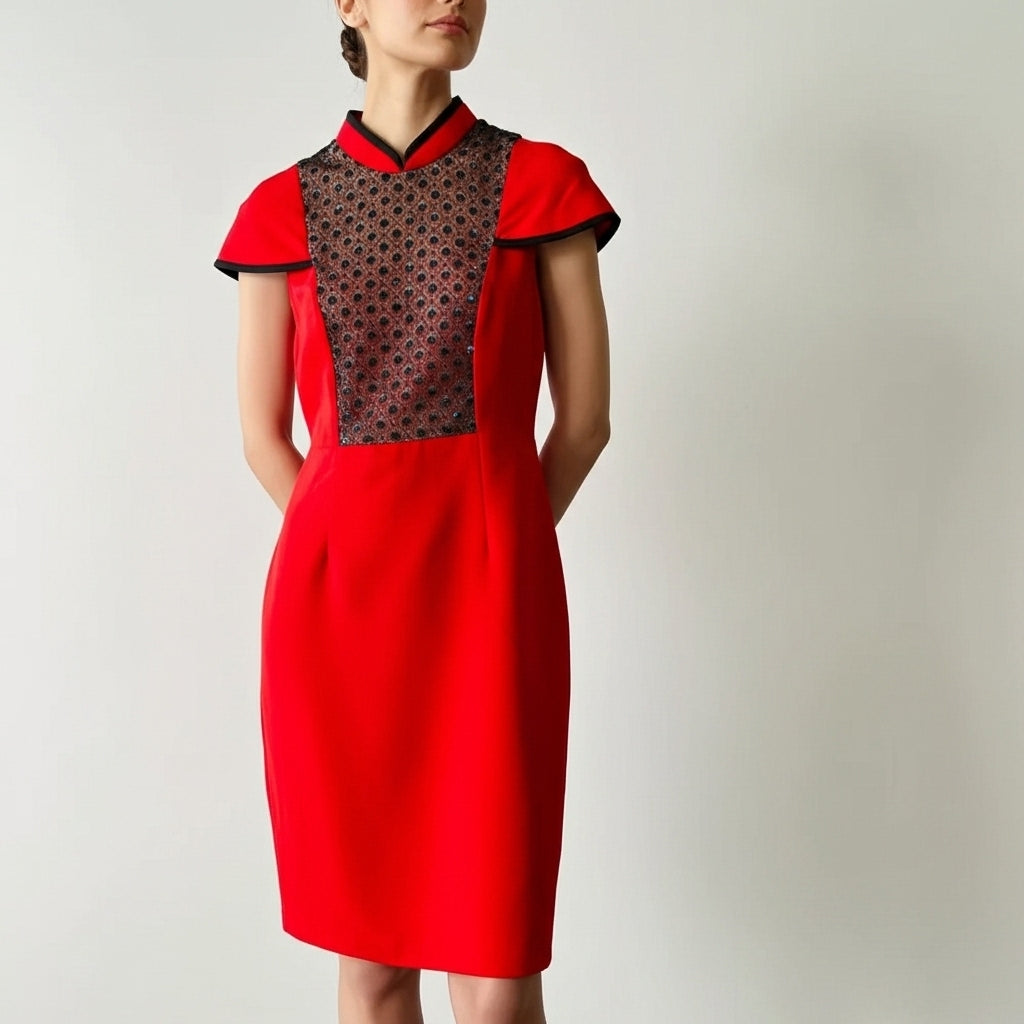 Elegant Qipao with Red and Black Lace Paneling