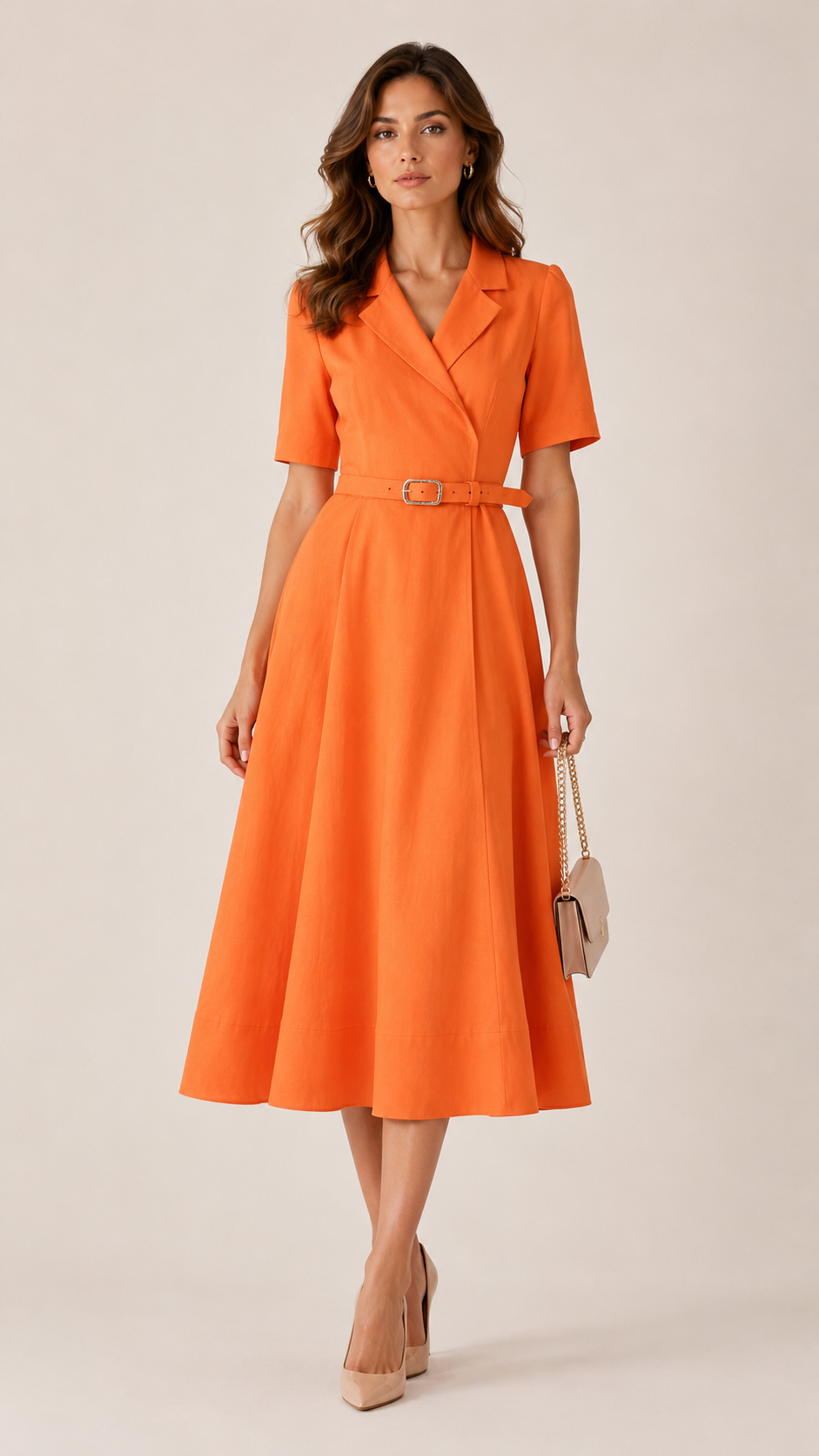 Sunset Orange Belted Midi Dress
