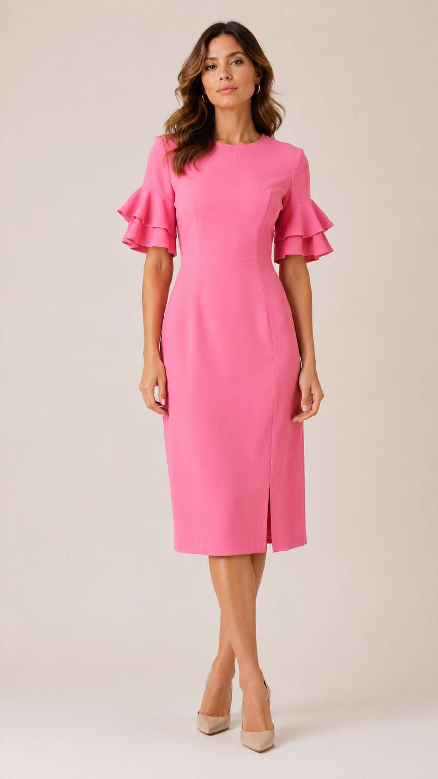 Pink Ruffle Sleeve Sheath Dress