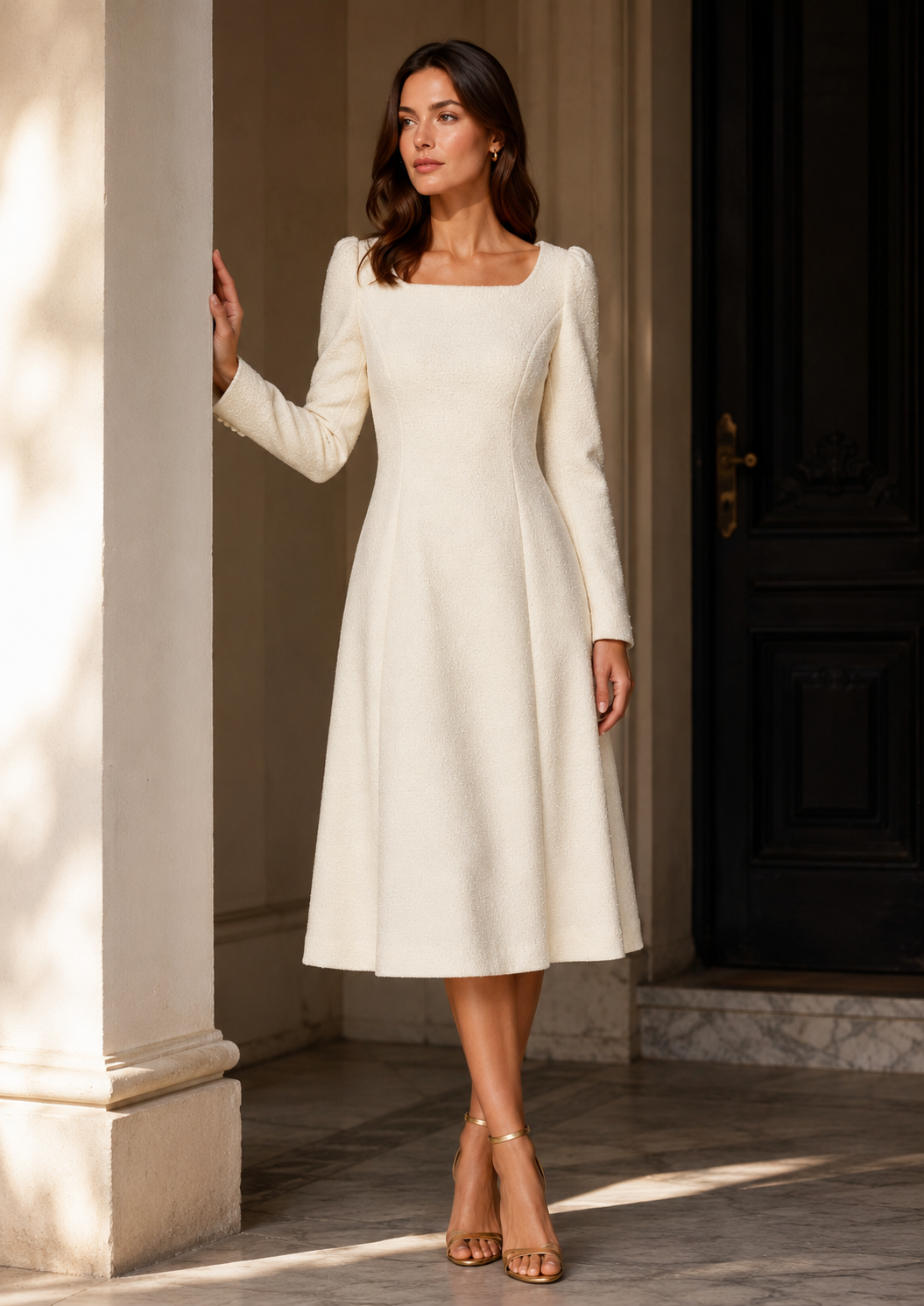 Ivory Textured A-Line Midi Dress